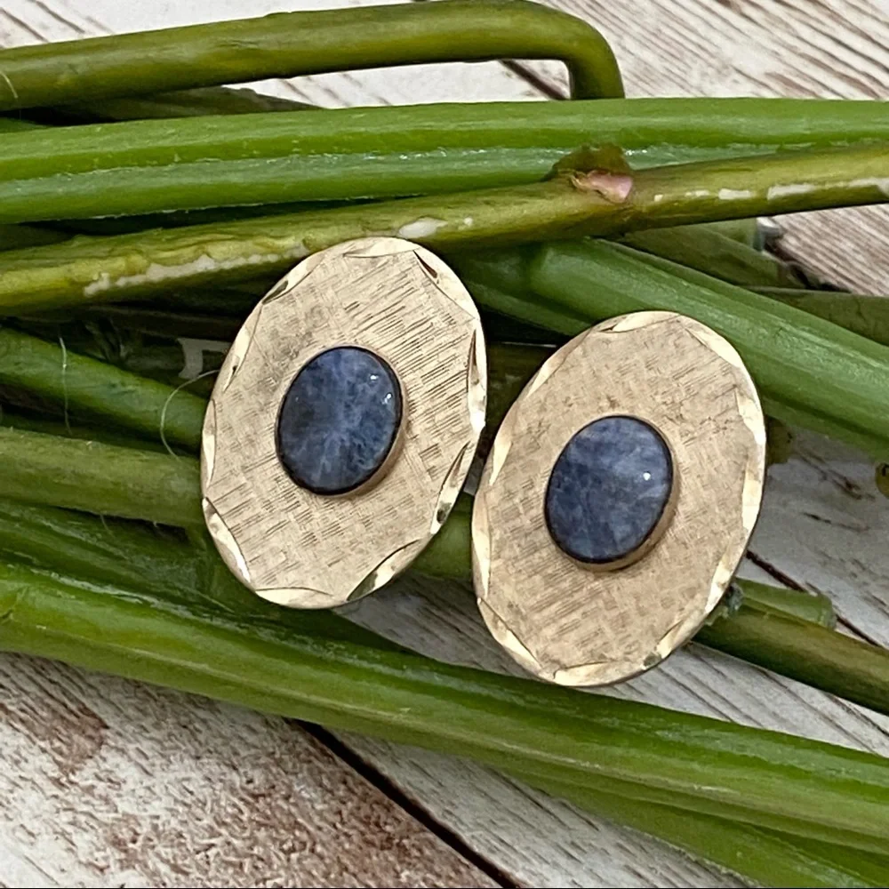 Vintage DESTINO Natural Blue Stone Kyanite? Lapis Light Brushed Gold Cufflinks